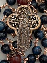 Load image into Gallery viewer, Large Bronze Rosary - Our Lady of Guadalupe - Blue Tiger Eye and Sardonyx CeCeAgnes
