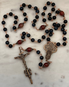 Large Bronze Rosary - Our Lady of Guadalupe - Blue Tiger Eye and Sardonyx CeCeAgnes