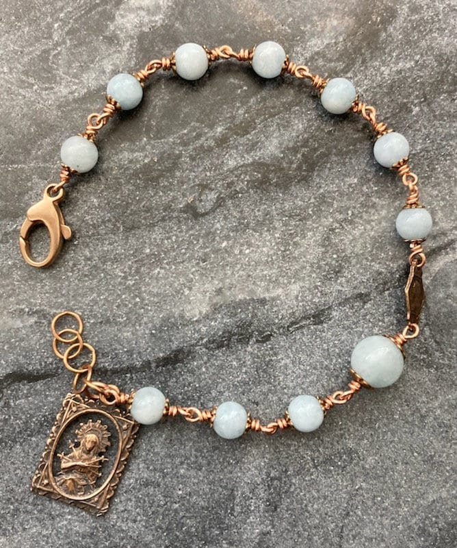 OL of Sorrows Bronze Rosary Bracelet - Aquamarine Gemstones