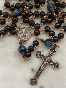 Holy Face of Jesus Rosary - Garnet and Kyanite Gemstones and Solid Bronze - Angels Crucifix CeCeAgnes