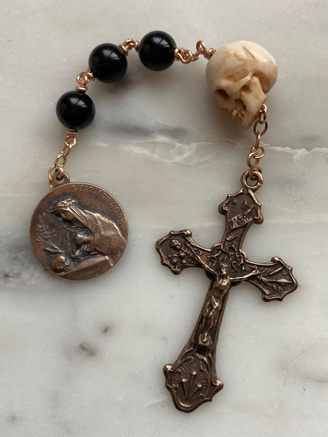 Memento Mori Three Hail Mary Chaplet - Saint Catherine of Siena - Dominic - Onyx and Bronze