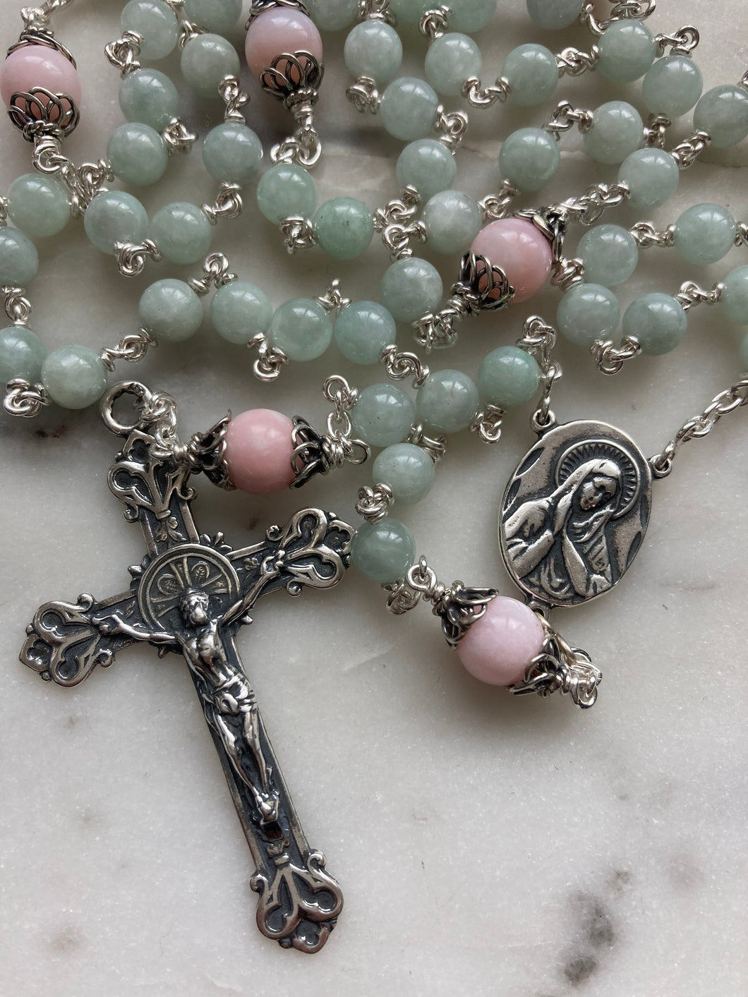 Heirloom Rosary - Sterling Silver - Jade - Pink Opal