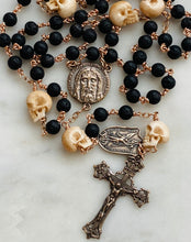 Load image into Gallery viewer, Memento Mori Rosary - Saint Michael- Lava Beads and Ox Bone Skulls - Bronze - Wire-wrapped - Pardon Crucifix CeCeAgnes
