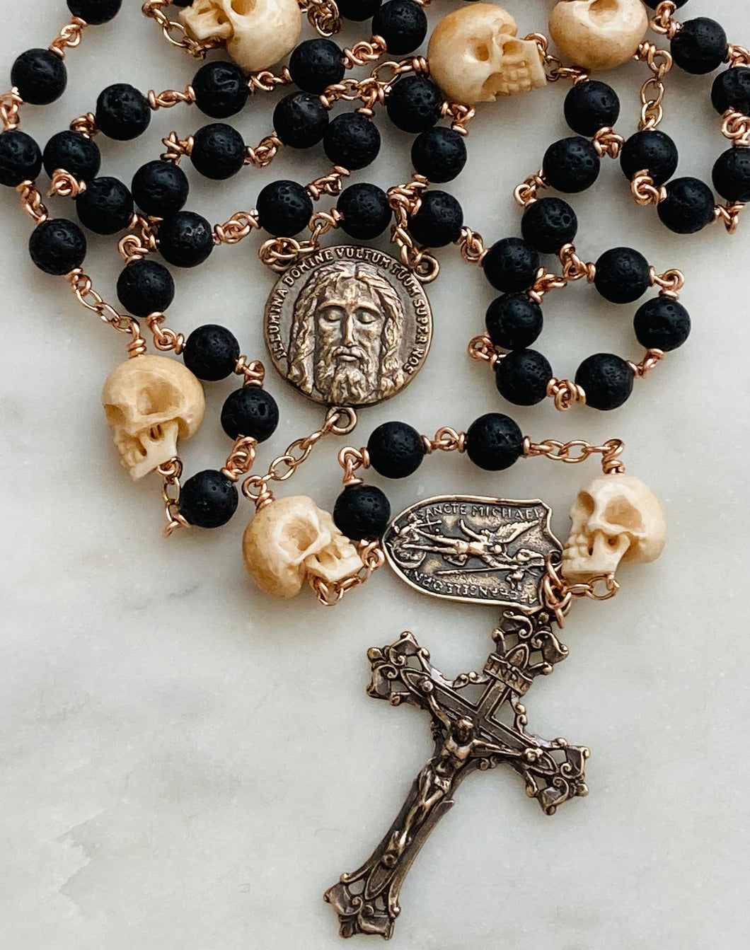 Memento Mori Rosary - Saint Michael- Lava Beads and Ox Bone Skulls - Bronze - Wire-wrapped - Pardon Crucifix CeCeAgnes