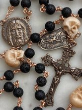 Load image into Gallery viewer, Saint Michael Memento Mori Rosary - Lava Beads, Ox Bone Skulls &amp; Bronze Pardon Crucifix
