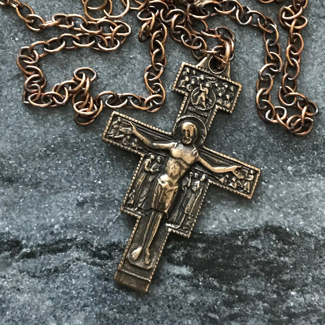 San Damiano Crucifix Solid Bronze Necklace - Saint Francis