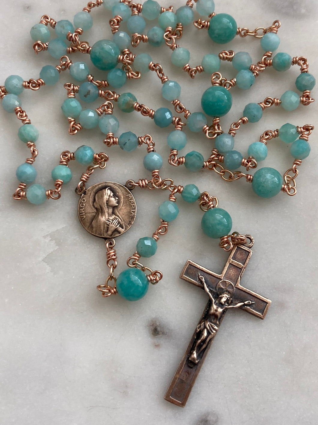 Petite Amazonite Gemstone Rosary - Bronze - Virgo Maria and Roses