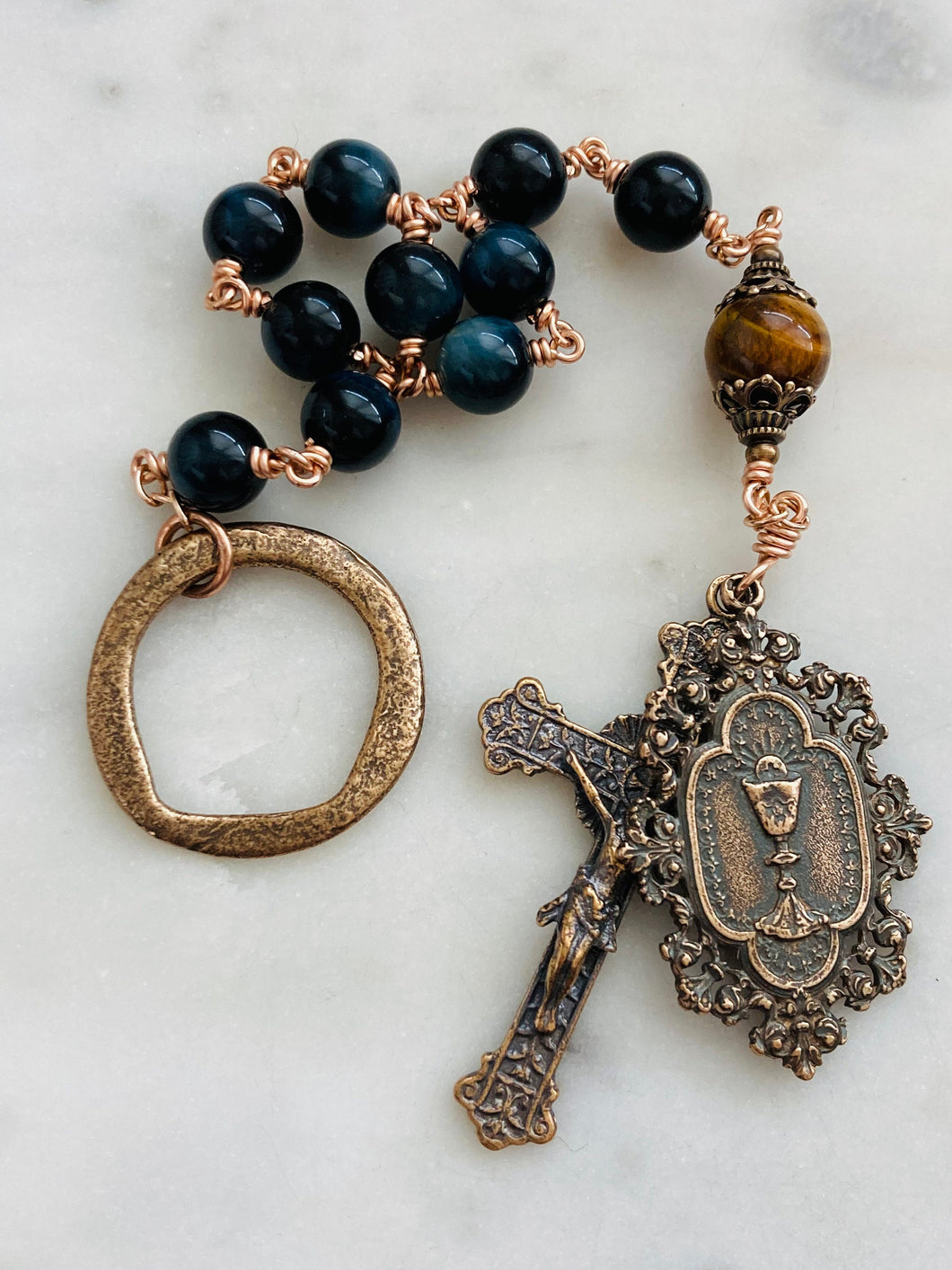 Blessed Sacrament Single Decade Rosary - Blue Tiger eye and Bronze  - Tenner CeCeAgnes