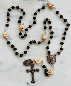 Memento Mori Rosary - Saint Michael- Lava Beads and Ox Bone Skulls - Bronze - Wire-wrapped - Pardon Crucifix CeCeAgnes