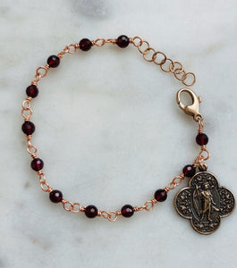 Saint Raphael Bronze Chaplet Bracelet - Garnet Gemstones