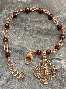 Saint Raphael Bronze Chaplet Bracelet - Garnet Gemstones