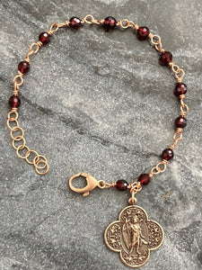 Saint Raphael Bronze Chaplet Bracelet - Garnet Gemstones