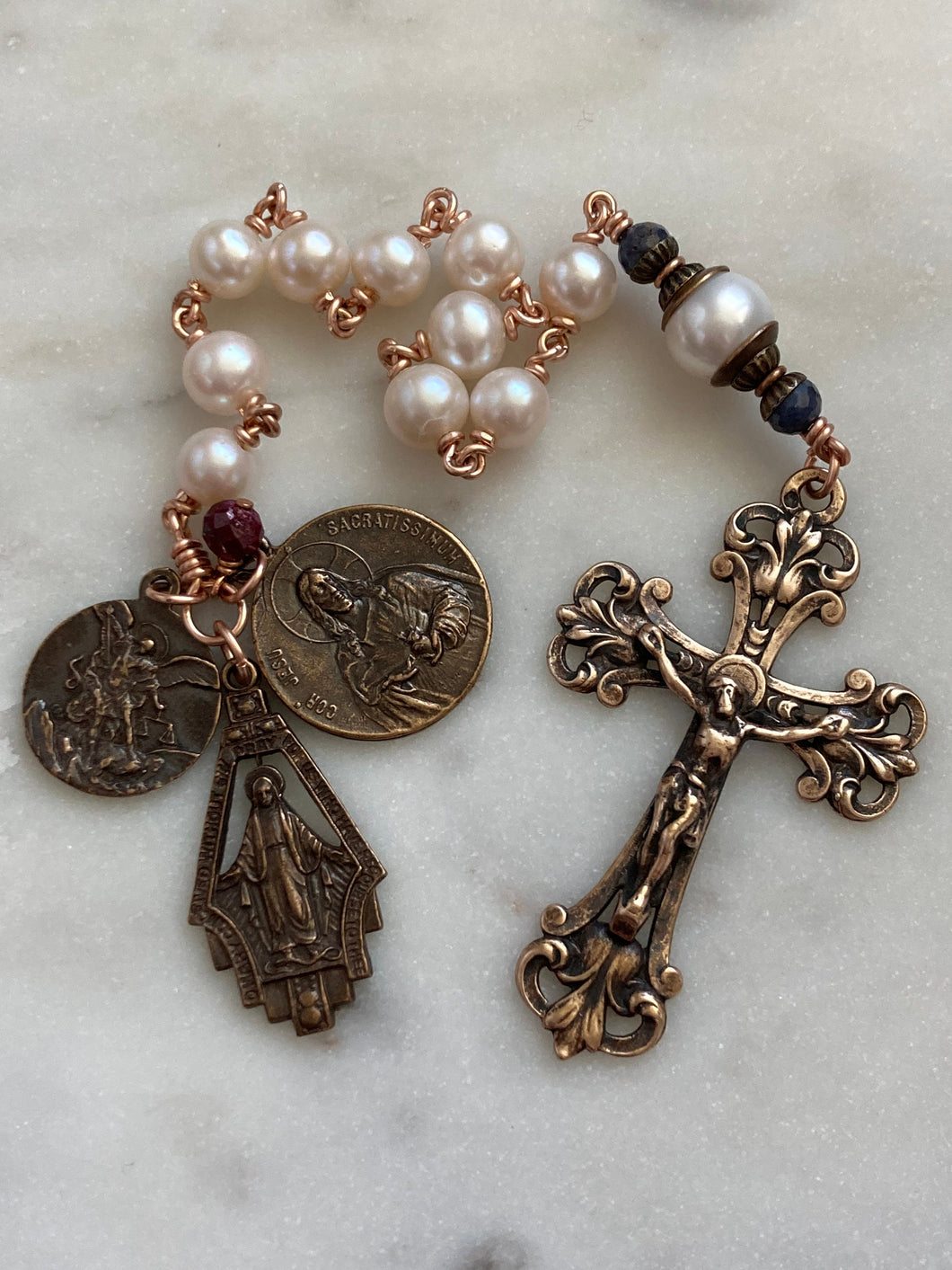 Beautiful Single Decade Rosary! - Freshwater Pearls - Bronze - St. Michael - Miraculous Medal - Sacred Heart CeCeAgnes