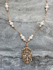 Catholic JMJ Necklace - Virgin Mary - Solid  Bronze - Freshwater Pearl - Moonstone