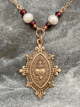 Load image into Gallery viewer, Sacred Heart Necklace - Catholic - Solid  Bronze - Pearls and Garnets
