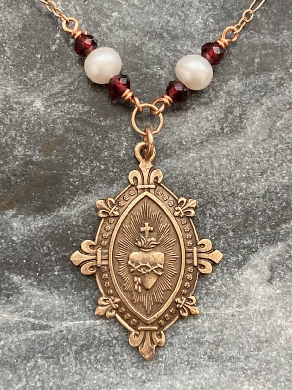 Sacred Heart Necklace - Catholic - Solid  Bronze - Pearls and Garnets