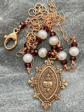 Load image into Gallery viewer, Sacred Heart Necklace - Catholic - Solid  Bronze - Pearls and Garnets
