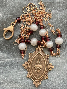 Sacred Heart Necklace - Catholic - Solid  Bronze - Pearls and Garnets