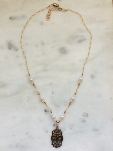 Catholic JMJ Necklace - Virgin Mary - Solid  Bronze - Freshwater Pearl - Moonstone