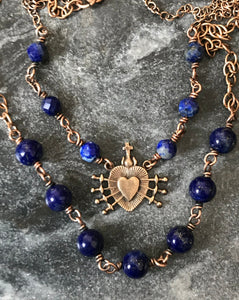 Seven Sorrows Necklace- OL of Sorrows, Lapis Gemstones and Bronze