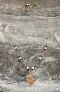 Sacred Heart Necklace - Catholic - Solid  Bronze - Pearls and Garnets