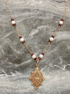 Sacred Heart Necklace - Catholic - Solid  Bronze - Pearls and Garnets