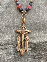 Load image into Gallery viewer, Catholic Crucifixion Necklace - Virgin Mary Saint John Crucifix - Solid  Bronze - Ruby and Sapphire
