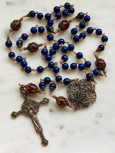 Large Lapis Carnelian and Bronze Rosary - Renaissance - Wire-wrapped CeCeAgnes