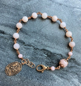 Saint Rita Our Lady of Good Counsel Bronze Rosary Bracelet - Pink Peruvian Opal