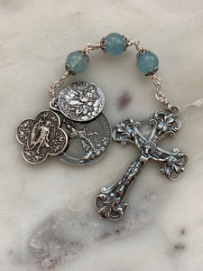 Sterling Silver and Aquamarine Three Hail Mary Chaplet - St. Raphael - St. Michael - St. Gabriel