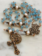 Load image into Gallery viewer, Aquamarine and Pearl Baptism Rosary - Bronze - Auspice Maria Center CeCeAgnes
