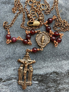 Rosary Necklace - Garnet and Bronze