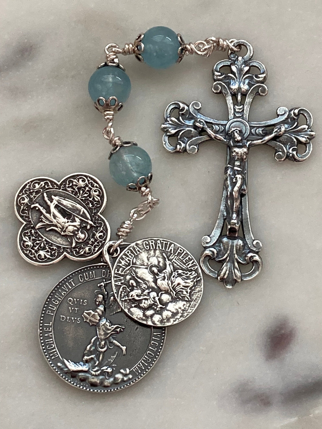 Sterling Silver and Aquamarine Three Hail Mary Chaplet - St. Raphael - St. Michael - St. Gabriel