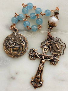 Baptism Tenner - Aquamarine and Pearl Rosary - Bronze CeCeAgnes