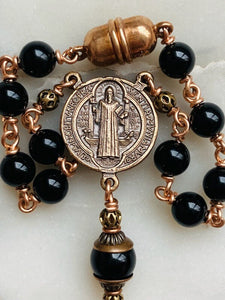 Saint Benedict and Michael Auto Rosary - Onyx and Bronze - One Decade Rosary - Car Rosary CeCeAgnes