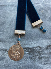 Load image into Gallery viewer, Velvet Catholic Bookmark - Saint John the Baptist - Bronze - Sapphire Blue Velvet
