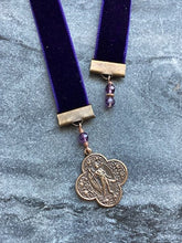 Load image into Gallery viewer, Velvet Catholic Bookmark - Saint Raphael - Bronze - Purple Velvet
