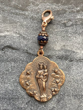 Load image into Gallery viewer, Bag Charm  Catholic Our Lady of the Pillar with Angels Zipper Pull - Bronze and Sapphire
