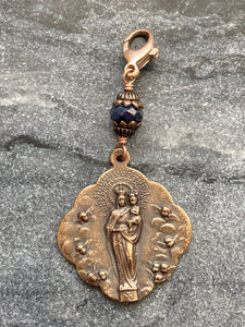 Bag Charm  Catholic Our Lady of the Pillar with Angels Zipper Pull - Bronze and Sapphire