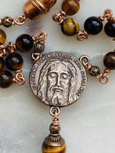 Load image into Gallery viewer, Holy Face Saint Benedict Auto Rosary - Tiger Eye and Bronze - One Decade Rosary - Car Rosary CeCeAgnes
