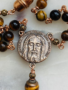 Holy Face Saint Benedict Auto Rosary - Tiger Eye and Bronze - One Decade Rosary - Car Rosary CeCeAgnes