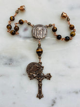 Load image into Gallery viewer, Holy Face Saint Benedict Auto Rosary - Tiger Eye and Bronze - One Decade Rosary - Car Rosary CeCeAgnes
