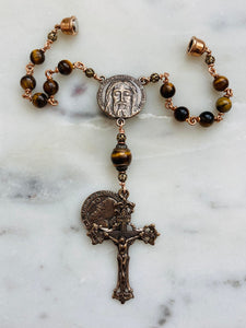 Holy Face Saint Benedict Auto Rosary - Tiger Eye and Bronze - One Decade Rosary - Car Rosary CeCeAgnes