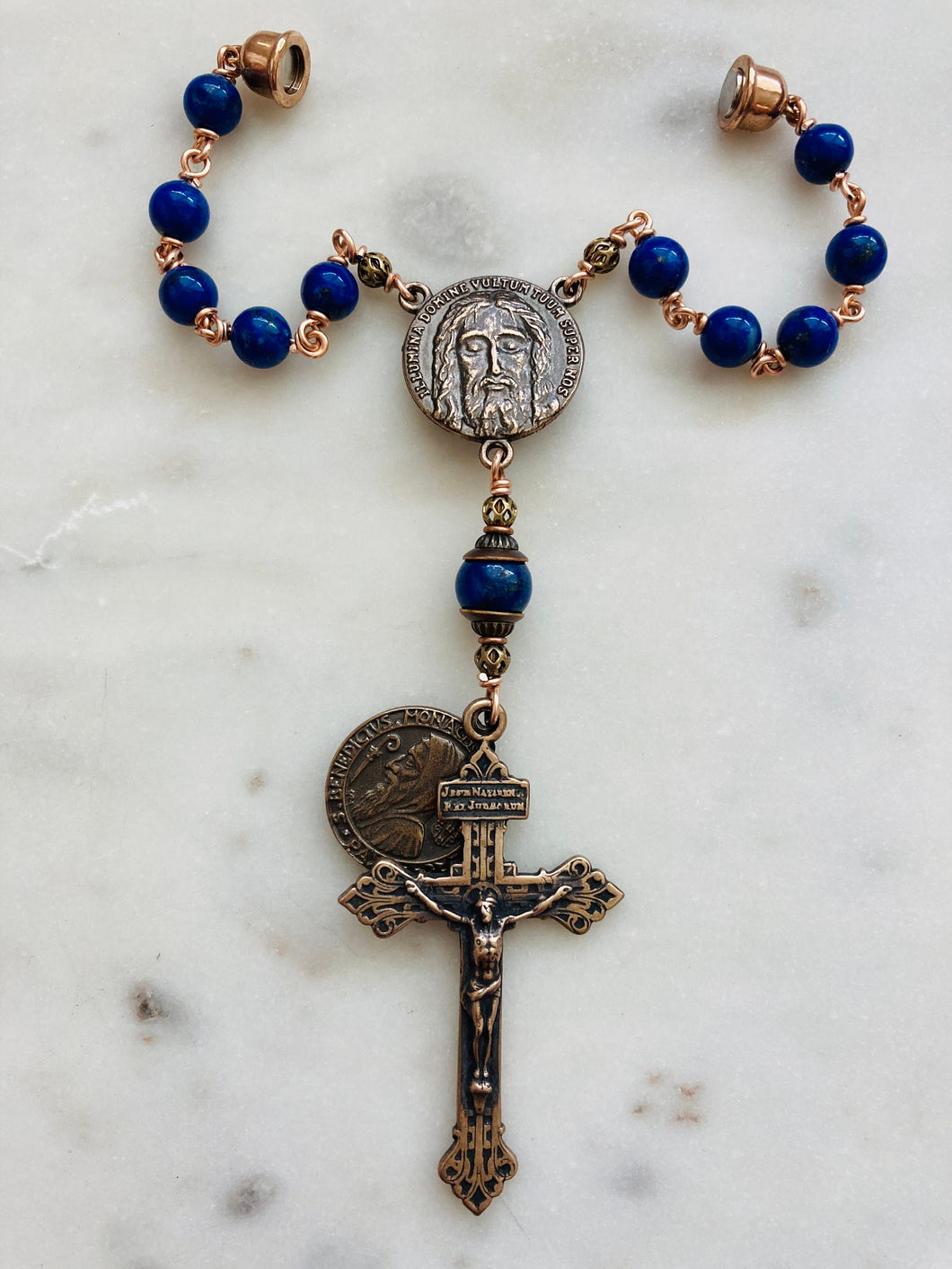 Holy Face Saint Benedict Auto Rosary - Lapis and Bronze - One Decade Rosary - Car Rosary CeCeAgnes