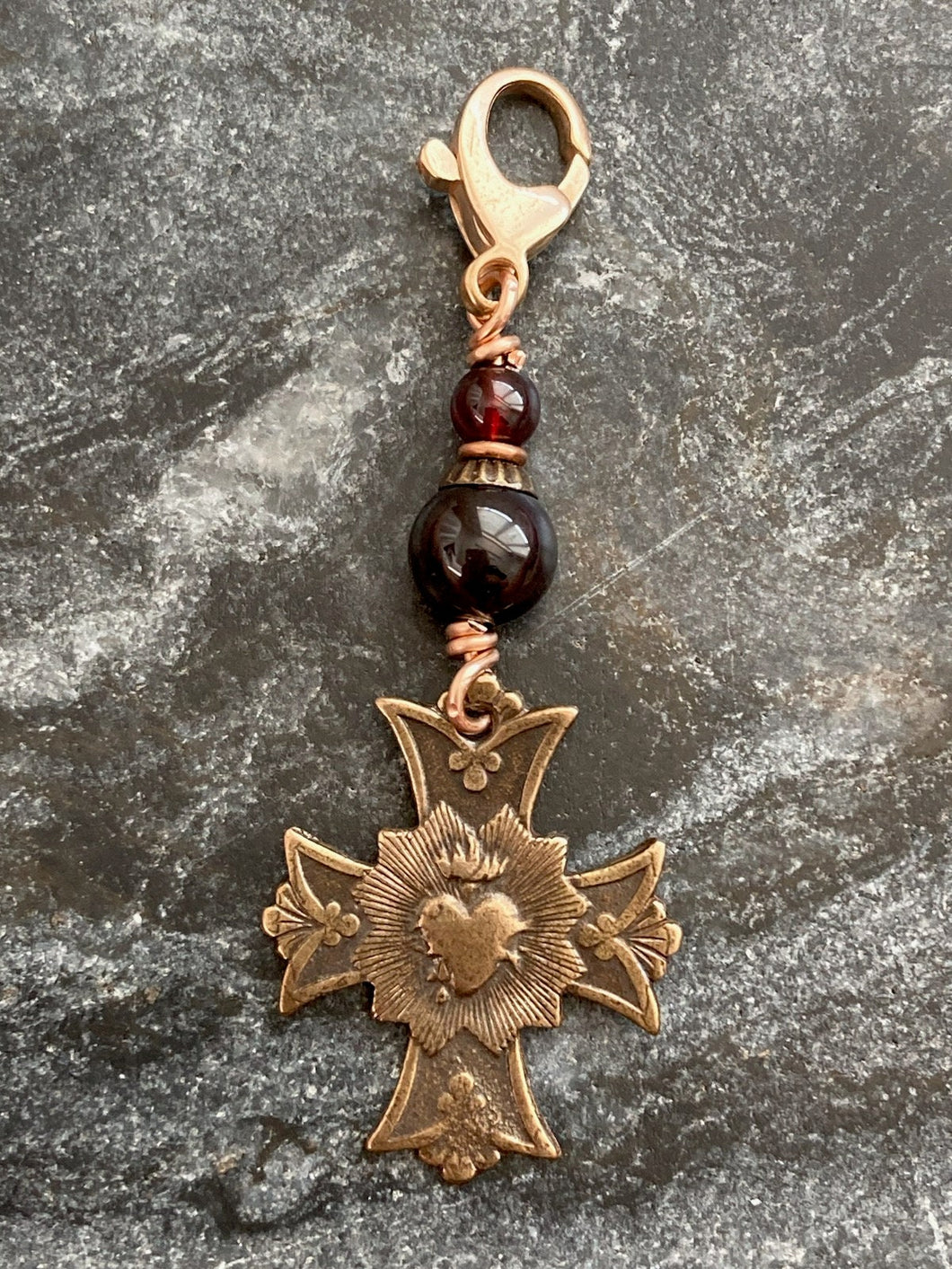 Bag Charm Sacred Heart Zipper Pull - Bronze and Garnet