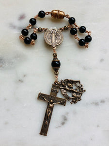 Saint Benedict and Michael Auto Rosary - Onyx and Bronze - One Decade Rosary - Car Rosary CeCeAgnes