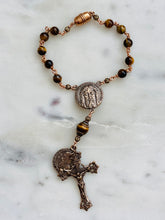 Load image into Gallery viewer, Holy Face Saint Benedict Auto Rosary - Tiger Eye and Bronze - One Decade Rosary - Car Rosary CeCeAgnes
