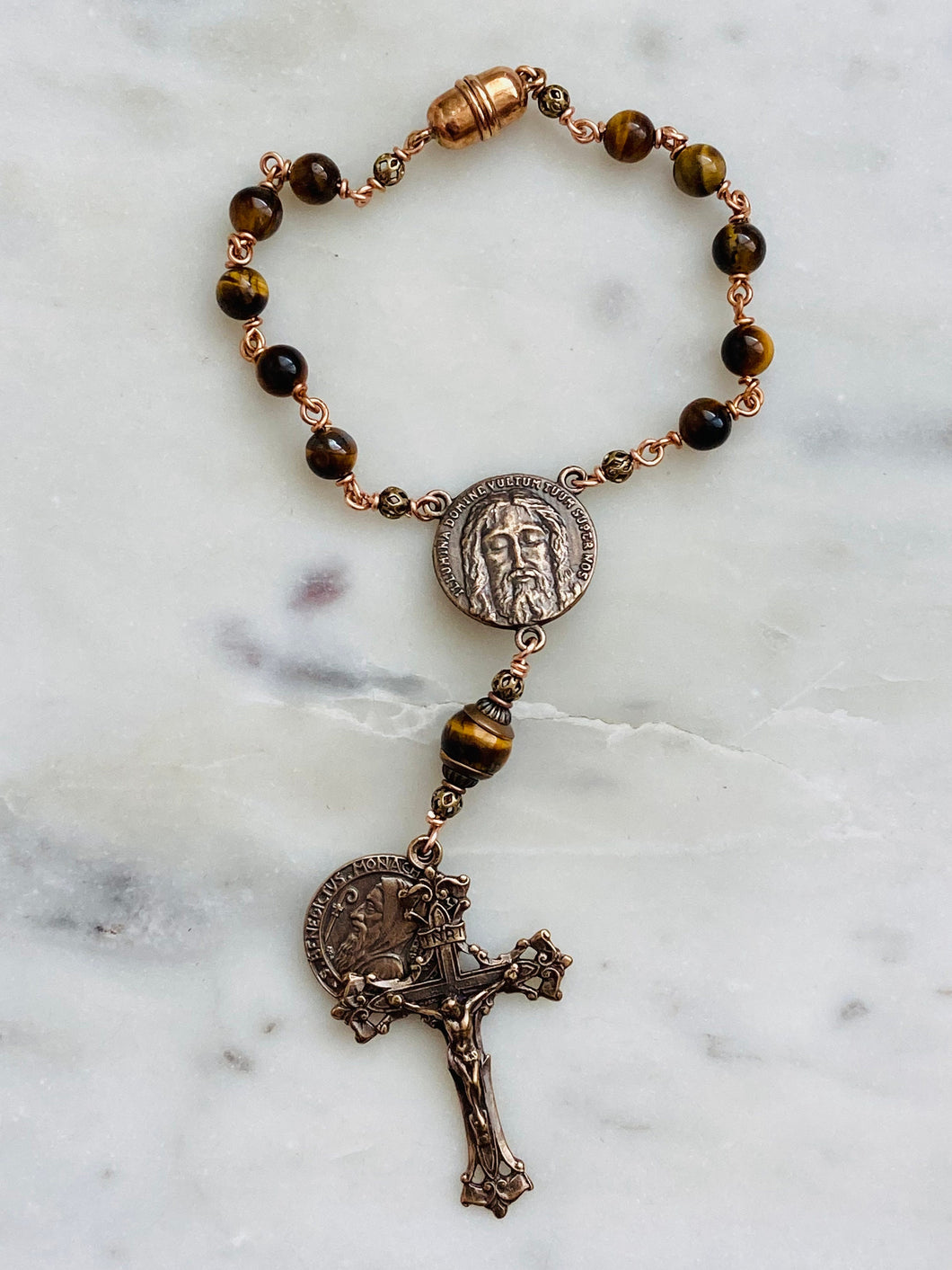 Holy Face Saint Benedict Auto Rosary - Tiger Eye and Bronze - One Decade Rosary - Car Rosary CeCeAgnes