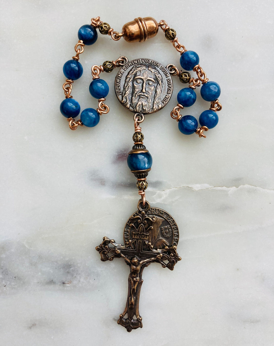 Holy Face Saint Benedict Auto Rosary - Kyanite and Bronze - One Decade Rosary - Car Rosary CeCeAgnes