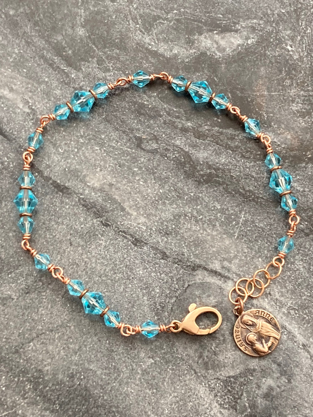 Aquamarine Crystals and Bronze Saint Ann Bracelet